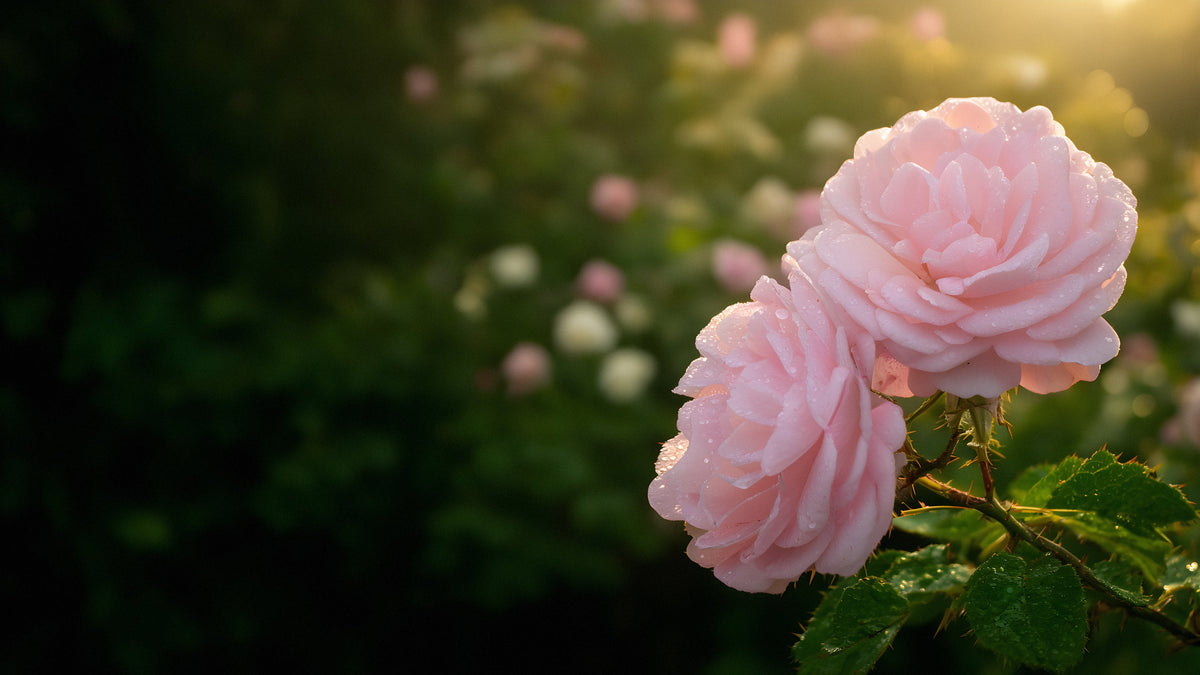 Two pink May roses with dewdrops in the morning light, in front of a blurred rose garden