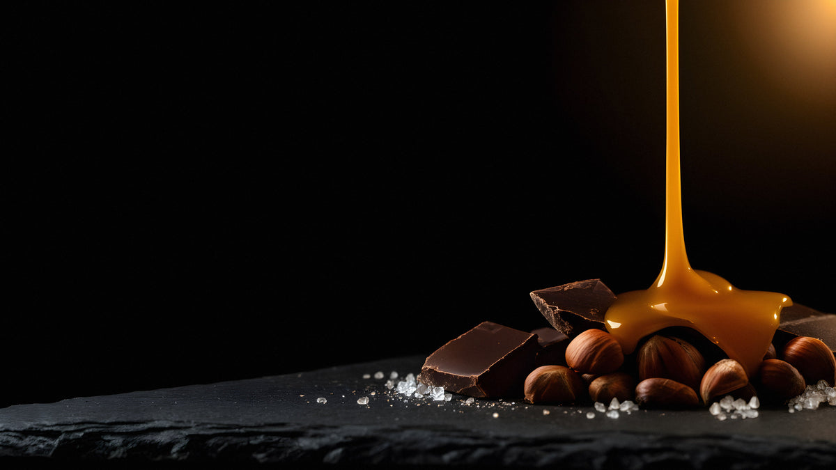 Caramello dorato che cola su scaglie di cioccolato fondente e nocciole tostate, su una lastra di ardesia scura