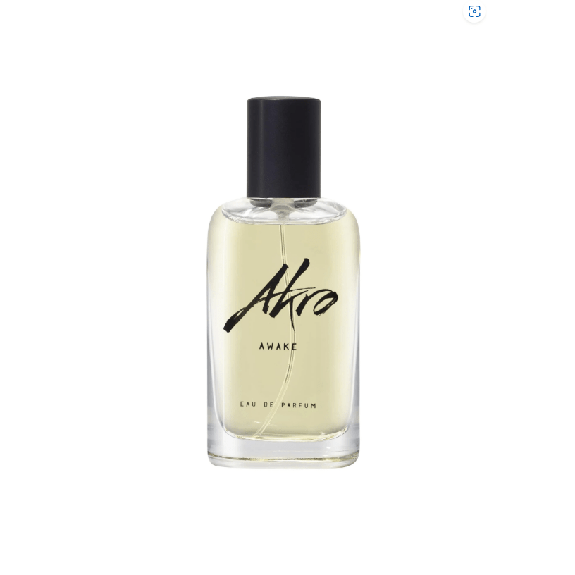 "Bottiglia di profumo Awake di Akro da 100 ml, fragranza unisex energizzante con note di caffè tostato, cardamomo e vetiver, su sfondo moderno e dinamico."