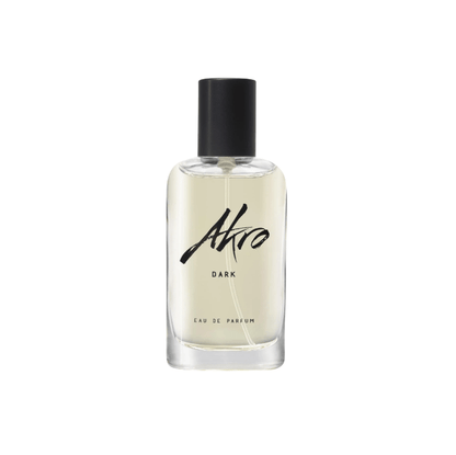"Bottiglia di profumo Dark di Akro da 30 ml, fragranza unisex intensa con note di cacao amaro, cioccolato fondente e patchouli, su sfondo scuro e sofisticato."