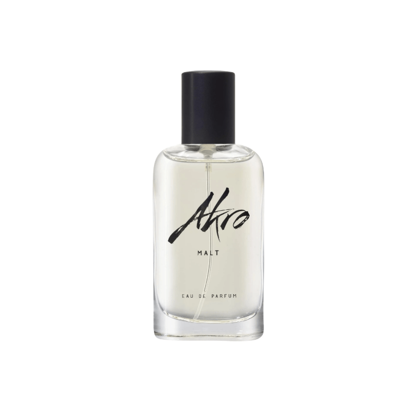 "Bottiglia di profumo Malt di Akro da 30 ml, fragranza unisex con note di whisky, rum, cuoio e legno affumicato, su sfondo scuro elegante."