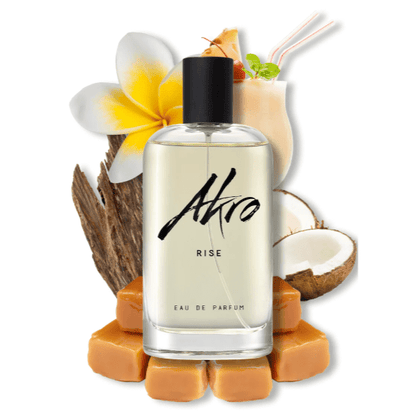 Rise by Akro – a summery, gourmand perfume with coconut water, pineapple, tiare flower, toffee, sandalwood and ambroxan, perfect for those who love fruity, sunny perfumes.
